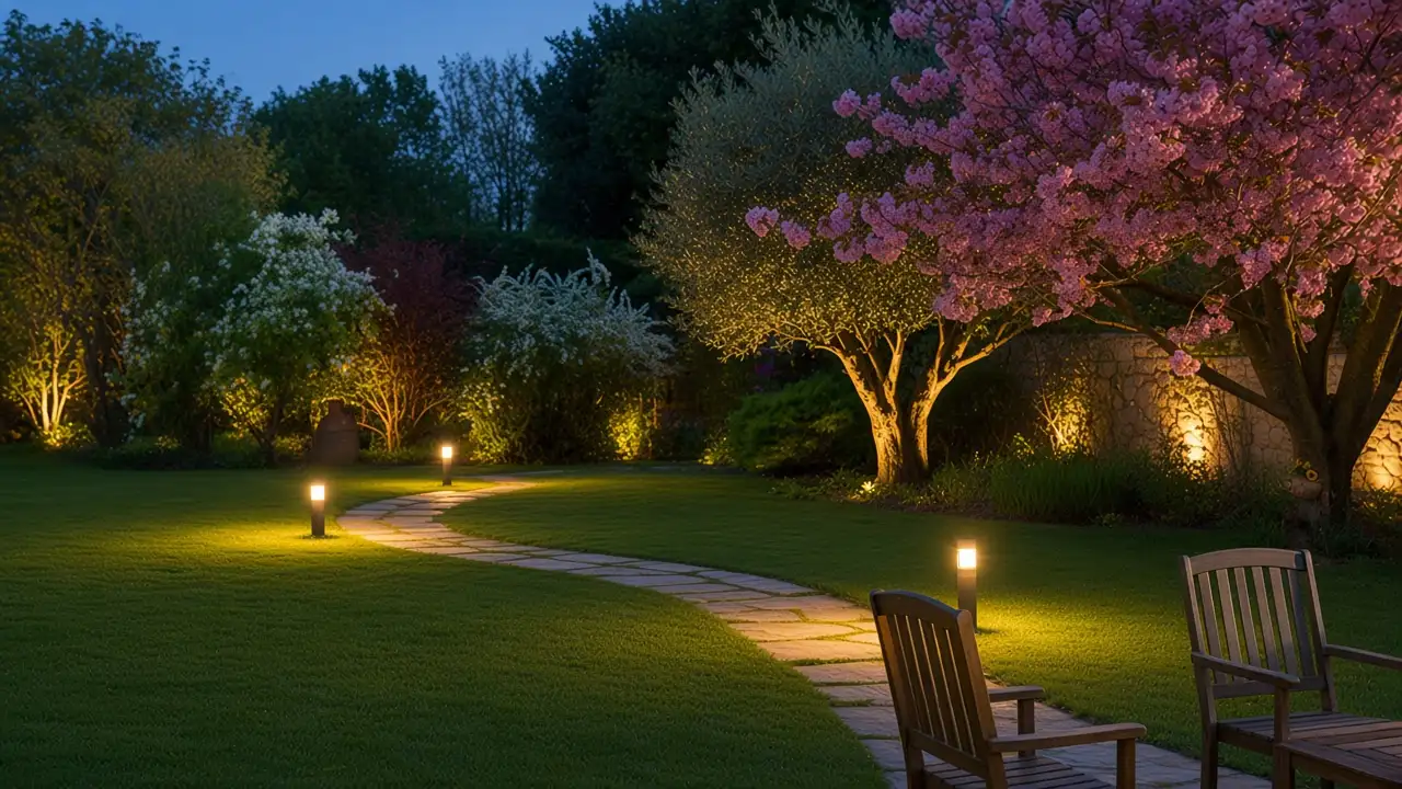 Camino de jardín al anochecer, con balizas y luz cálida en los árboles